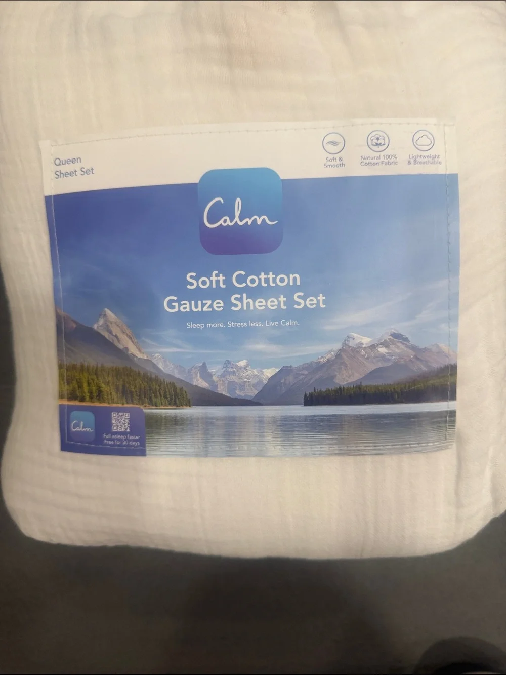 Brand New! Calm Soft Cotton Gauze Queen Sheet Set with Storage Bag